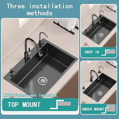 31.5 x 17.7 Inch Black Drop In Kitchen Sink,Stainless Steel Topmount Single Bowl Sink,Large Capacity Utility Workstation Sink With Soap dispenser & Drain Basket