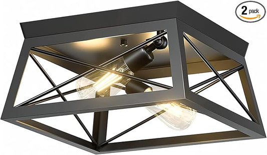 Pynsseu Industrial Ceiling Light, 2 Lights Farmhouse Semi Flush Mount Ceiling Fixture for Kitchen Island Dining Room Bedroom Foyer Hallway, 1 Pack, Black