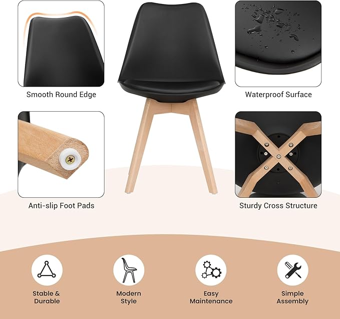 GOFLAME Dining Chairs Set of 4, Mid Century Modern Armless Kitchen Chairs with Soft Padded Cushion, Upholstered Side Chairs with Solid Wood Legs for Dining Room, Kitchen, Living Room (Black)