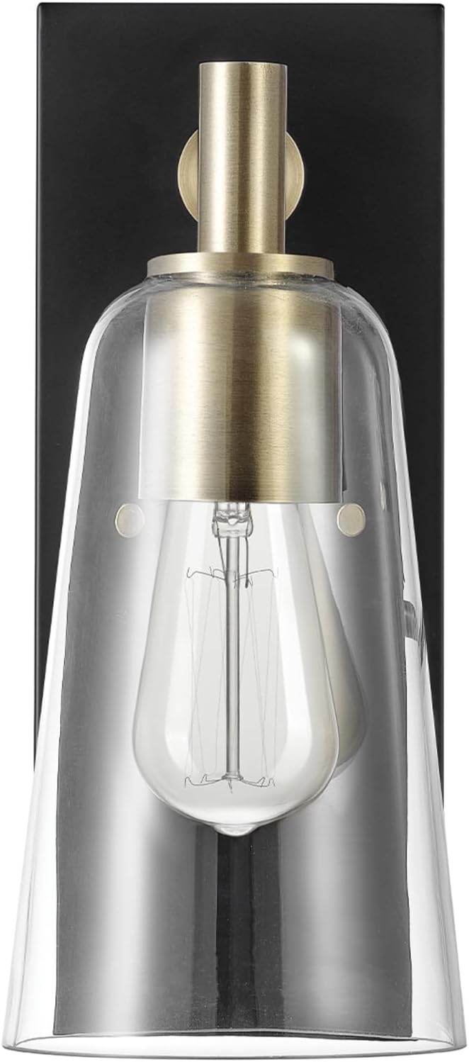 GLOBE Electric 65000045 1-Light Wall Sconce, Matte Black, Matte Brass Accents, Clear Glass Shade, Wall Lights for Living Room, Bedroom, Den, Apartment Essentials, Mounted Bedside Lamp