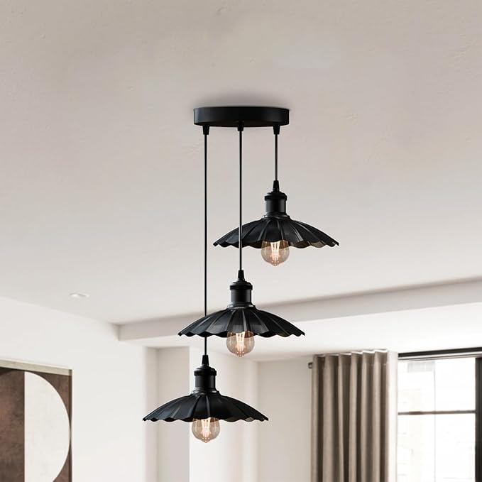 3-Lights Industrial Pendant Light with E26 Base Metal Umbrella Shade Pendant Lighting Adjustable Industrial Retro Style Hanging Light Fixture for Kitchen, Farmhouse (3 Way Black)