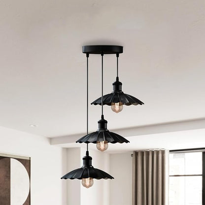 3-Lights Industrial Pendant Light with E26 Base Metal Umbrella Shade Pendant Lighting Adjustable Industrial Retro Style Hanging Light Fixture for Kitchen, Farmhouse (3 Way Black)