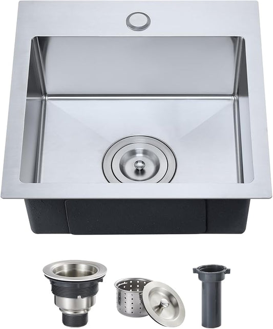 ROVOGO 15 Inch Bar Sink Drop In, 304 Stainless Steel Small Kitchen Sink, 15"x15"x6" Single Bowl Square Wet Bar Prep Sink with 1 Faucet Hole and Drain Assembly, Topmount, Brushed