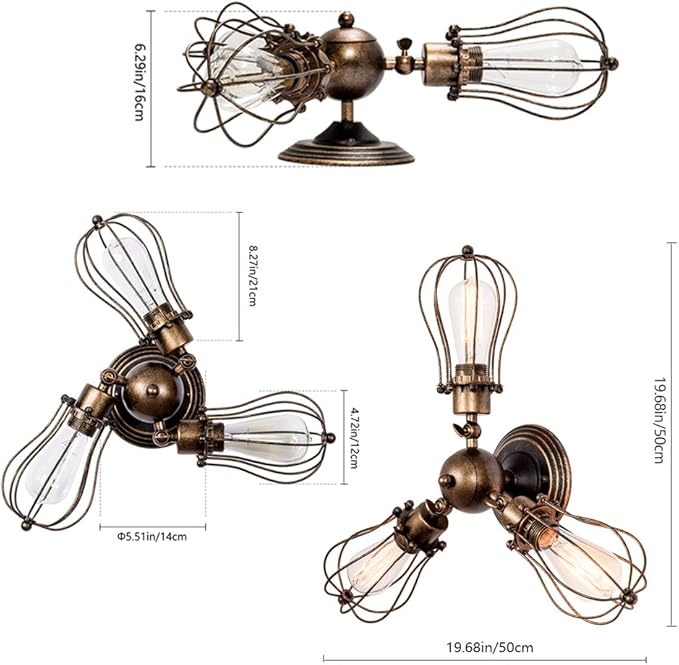 GLADFRESIT Vintage Ceiling Light 3 Lights Adjustable Socket Rustic Lamp, Metal Cage Semi-Flush Mount Industrial Ceiling Light Indoor Home Retro Chandeliers Lighting Fixture