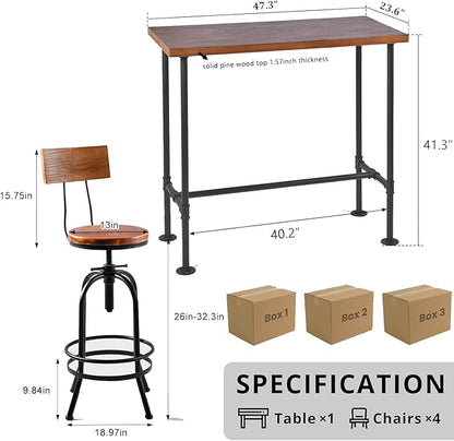 LOKKHAN 5-Piece Industrial Metal Bar Table & Stools Set – Adjustable Swivel, Wooden Top/Seats, Backrest (1 Table + 4 Stools, Brown) for Kitchen Island/Pub, Heavy Duty