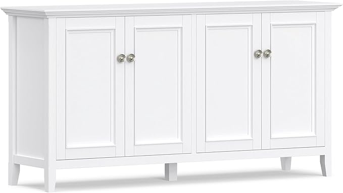 SIMPLIHOME Amherst Storage Cabinet - 66 inch Wide Solid Wood 4-Shelf Sideboard Cabinet in White, Transitional Buffet for Living Room or Dining Room with 4 Doors and Adjustable Shelves
