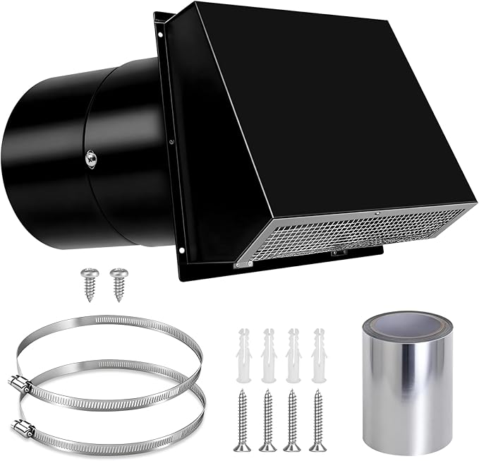 10 Inch Hooded Wall Vent with Screen and Damper, 10 Inch Range Hood Wall Vent Cap, Wall Exhaust Vent Cover, Outdoor Hooded Wall Vent for Dryer Vent, Outside Exterior Mount, Range Hood, Kitchen, Black