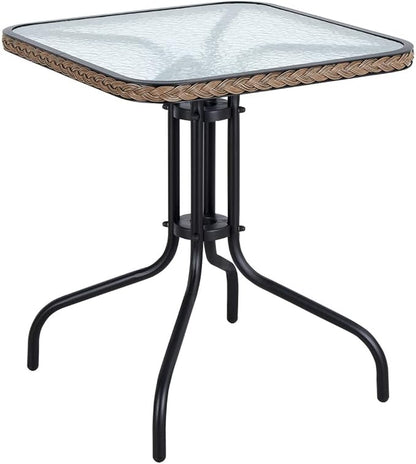 BTEXPERT Set of 2, Indoor Outdoor 28" Square Tempered Glass Metal Restaurant Table Brown Rattan Trim