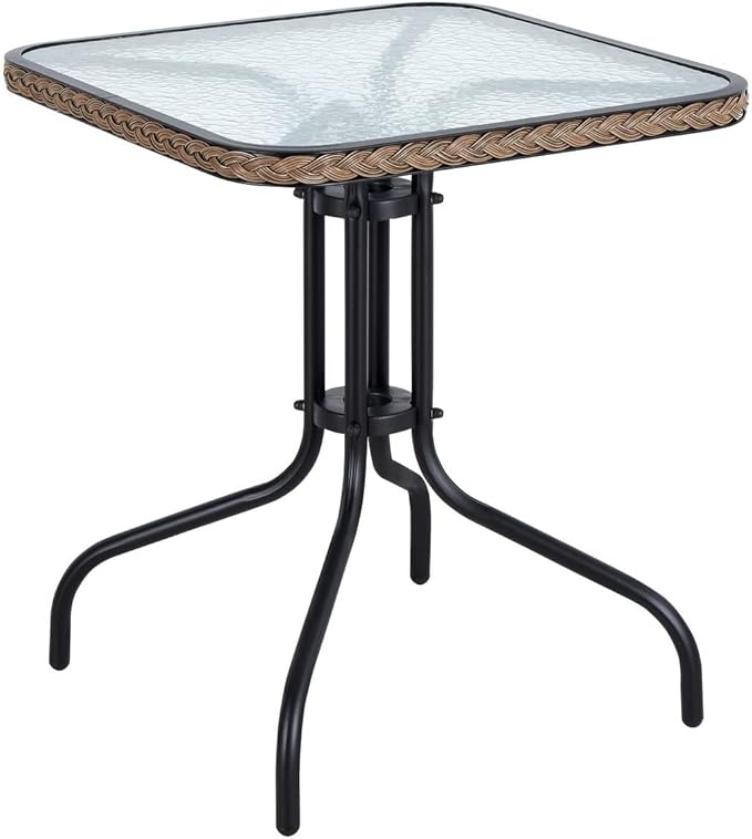 BTEXPERT Indoor Outdoor 28" Square Tempered Glass Metal Restaurant Table Brown Rattan Trim