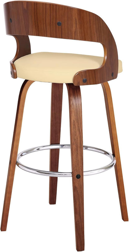 Armen Living Shelly 30" Bar Height Swivel Cream Faux Leather and Walnut Wood Bar Stool - Set of 4