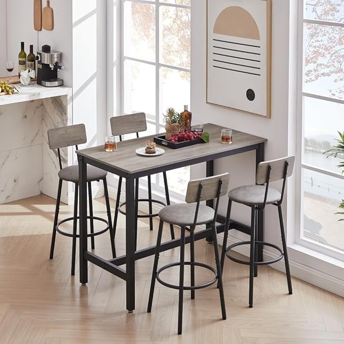 Bar Table Set with 4 Upholstered Stools for Home Bar and Kitchen Island Use