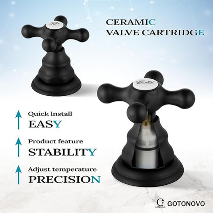 gotonovo Bathroom Faucet 3 Hole 8 Inch Widespread Bathroom Sink Faucet 2 Cross Handles Vintage Lavatory Vanity Mixer Tap with Pop Up Drain, Round Font Label, Matte Black