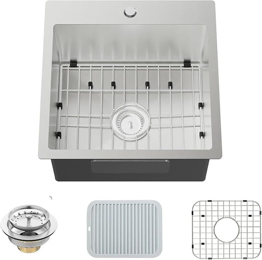 Kitchen Sink, Stainless Steel 18 x 18 Inch Drop In Bar Sink Top Mount Kitchen Sink Single Bowl Kitchen Sink Set - Sink Grid, Silicon Mat,Drain Assembly For Modern Kitchen Stylish and Functional
