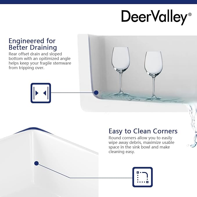 DeerValley Farmhouse Kitchen Sink 33 inch, White Fireclay Apron Front Farm Sinks, Single Bowl Deep Drop In Undermount Sink with Grid and Basket Strainer, Easy to Clean