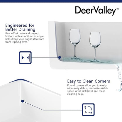 DeerValley Farmhouse Kitchen Sink 33 inch, White Fireclay Apron Front Farm Sinks, Single Bowl Deep Drop In Undermount Sink with Grid and Basket Strainer, Easy to Clean