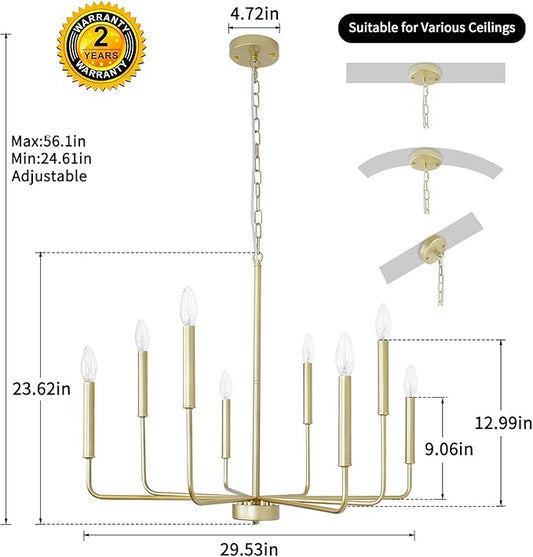 Gold Chandelier: 8-Light 29.5 Inch Candle Style Chandelier with Candelabra Arms - Modern Farmhouse Dining Room Light Fixture for Foyer Kitchen Island - E12 Base