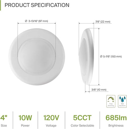 ASD 6 Pack LED Disk Lights 4 Inch, 10W 5CCT 2700K-5000K 685LM CRI90+, Dimmable Flush Mount Ceiling Light Fixture, Low Profile Surface Mount Disc Lights, Junction Box or Recessed Can Install, UL