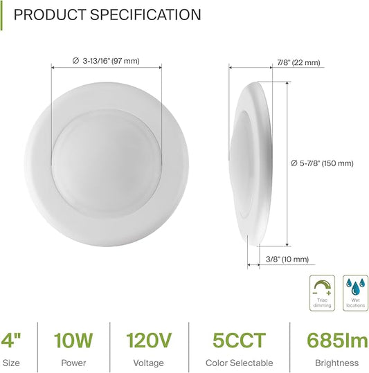 ASD 6 Pack LED Disk Lights 4 Inch, 10W 5CCT 2700K-5000K 685LM CRI90+, Dimmable Flush Mount Ceiling Light Fixture, Low Profile Surface Mount Disc Lights, Junction Box or Recessed Can Install, UL