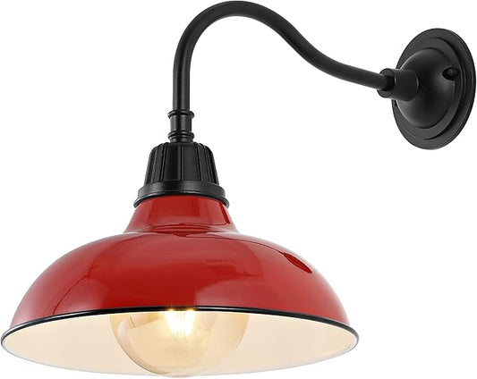 JONATHAN Y 12.25" Red/Black Farmhouse Industrial Outdoor Sconce, LED Gooseneck Wall Light for Porch, Metal Bowl Shade, Dimmable Vintage Exterior Fixture, LED Bulb Included (JYL7613E)