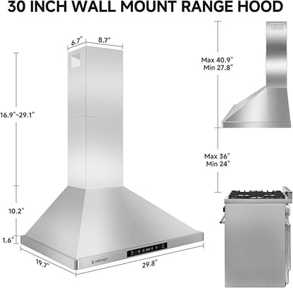 AMZCHEF Wall Mount Range Hood 30 inch: 1050 CFM Stainless Steel Kitchen Stove Vent Hood with 3 Speed Exhaust Fan, Touch/Remote/Gesture Control Kitchen Exhaust Fan with Dishwasher-Safe Baffle Filters