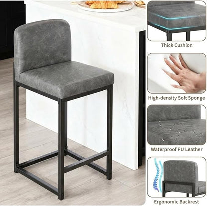GarveeHome Bar Stools Set of 2, Modern Counter Height Bar Stools with Back and Footrest, Faux Leather Upholstered Barstools Chairs for Kitchen Island Dining Room Bar, Grey