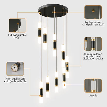 9-Light Chandelier LED 54W Dimmable Chandeliers for Entryway Pendant Light Fixture Chandeliers for Staircase Lobby Black Gold Lighting Modern High Ceiling Chandelier
