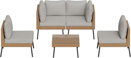 Aoxun Patio Furniture Set, 5 Piece Outdoor Sectional Sofas with Thick Cushion, Wicker Outdoor Patio Furniture Set with Coffee Table for Party, Garden, Backyard, Grey