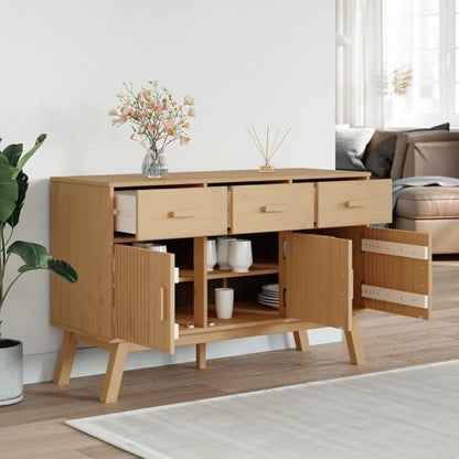 Brown Solid Pinewood Sideboard, Wax Finish, 44.9" x 16. 28. Buffet Cabinet with Drawers, Scandinavian Furniture for Living Room, Kitchen Island Storage Dining Storage