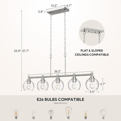 VONLUCE Dining Room Light Fixture Over Table, 5-Light Kitchen Island Lighting with Round Glass Shades & Adjustable Hanging Heights, Linear Chandlier for Dining Room Kitchen, Nickel, ETL Certificated