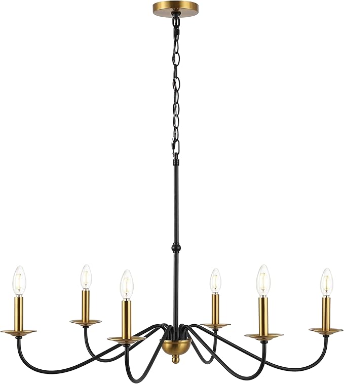 JONATHAN Y 34.75" Brass Gold/Black 6-Light Bohemian Farmhouse Iron Chandelier, Rustic Candle-Style LED Hanging Light for Dining Room Kitchen Island Entryway Foyer (JYL7559C)