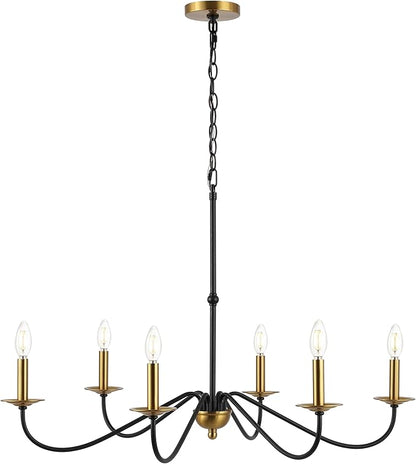 JONATHAN Y 34.75" Brass Gold/Black 6-Light Bohemian Farmhouse Iron Chandelier, Rustic Candle-Style LED Hanging Light for Dining Room Kitchen Island Entryway Foyer (JYL7559C)