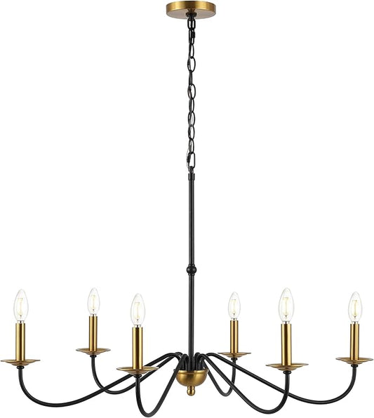 JONATHAN Y 34.75" Brass Gold/Black 6-Light Bohemian Farmhouse Iron Chandelier, Rustic Candle-Style LED Hanging Light for Dining Room Kitchen Island Entryway Foyer (JYL7559C)