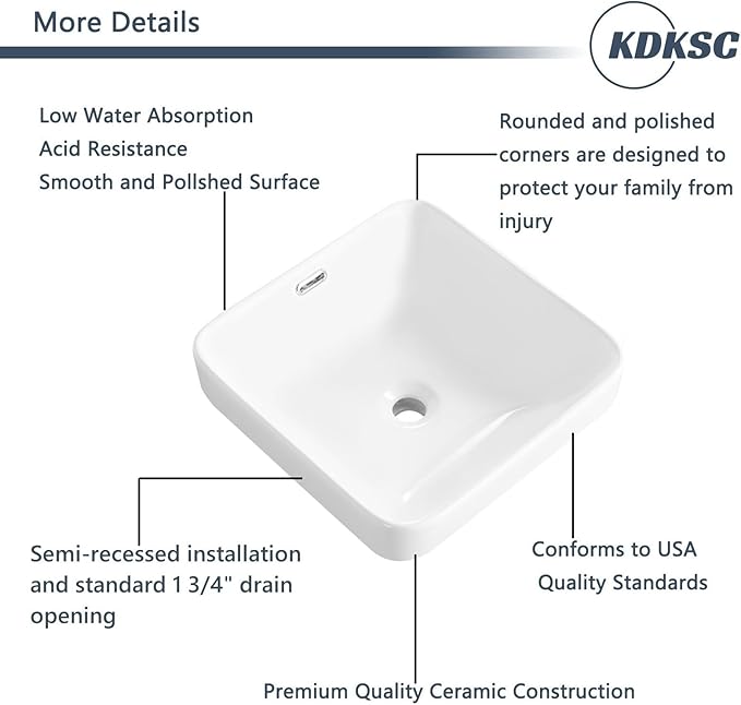 Bathroom Vessel Sink 16.6" X 16.6" Semi Recessed Bathroom Sink Square Drop In Bathroom Sinks with Overflow White Ceramic Vessel Sinks for Bathroom Modern Above Counter Basin Vanity Sink