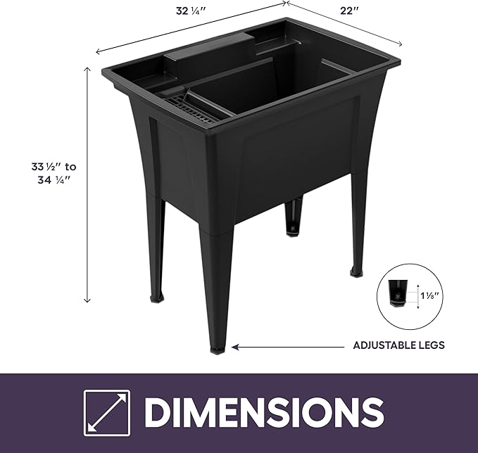 32” Utility Sinks for Laundry Room, Garage, Garden, Basement – Noah William Home Indoor and Outdoor Polypropylene Basement Wash Tub - No Faucet Included (Black)