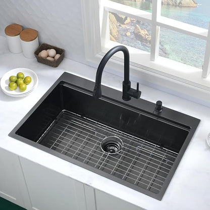 Black Kitchen Sink Drop In Workstation-Hovheir 25x20 Black Stainless Steel Kitchen Sink Drop In Topmount Sinks Workstation 16 Gauge Single Bowl Deep Overmount Sinks with Cutting Board