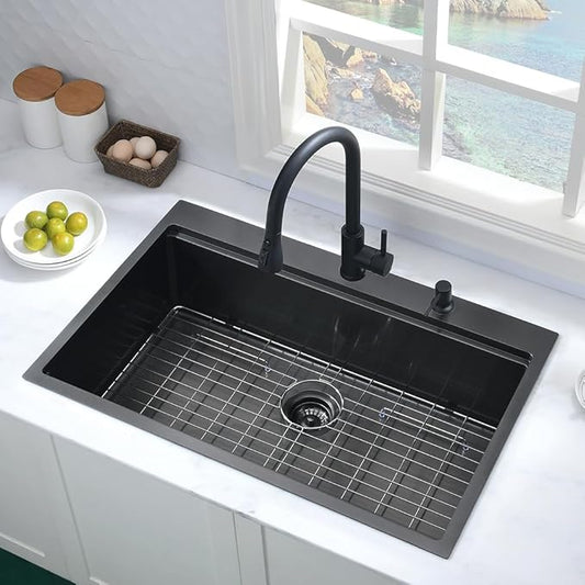 Black Kitchen Sink Drop In Workstation-Hovheir 25x20 Black Stainless Steel Kitchen Sink Drop In Topmount Sinks Workstation 16 Gauge Single Bowl Deep Overmount Sinks with Cutting Board