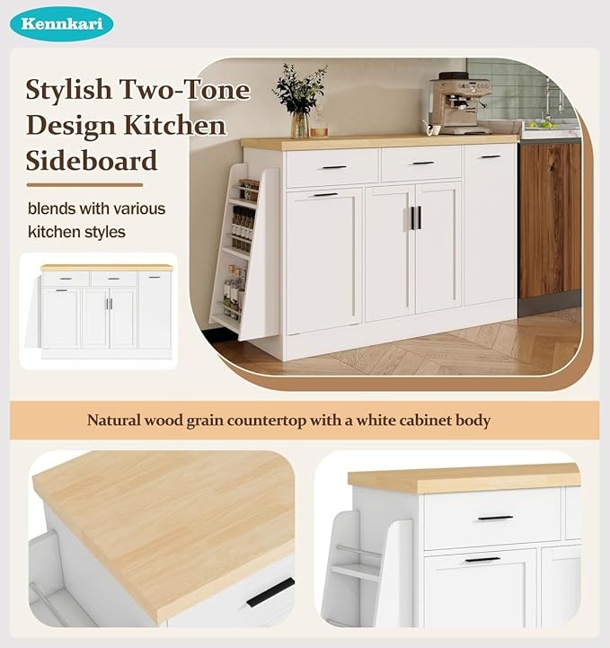58'' Multi-Functional Storage Sideboard with Trash Can Storage and Adjustable Shelves, Console Table with Sliding Door Cabinet, Kitchen Island with 3-Tier Spice Rack for Dining Room (White)