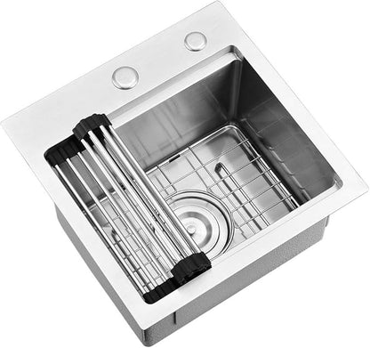 15 Inch Bar Sink Drop In Workstation-VASOYO 15x15 Small Kitchen Sink Drop In Topmount 16 Gauge Stainless Steel Bar Prep Sinks Outdoor Rv Kitchen Sinks Single Bowl Island Basin with Cutting Board