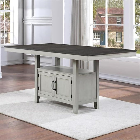 BOWERY HILL Modern 6-Piece Dining Set, Stone Gray and Charcoal Wood, 80 in Table with 20-Inch Leaf, Chevron Veneer Top, Faux Leather Seat, Hidden Storage Base, Counter Height Chairs and Bench