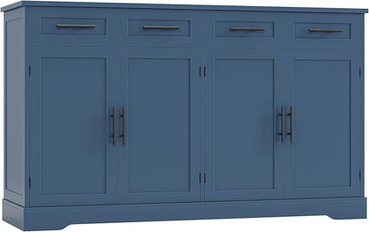 HOSTACK 60" Large Buffet Sideboard with Storage, 36" Tall Kitchen Buffet Storage Cabinet with 4 Drawers, Modern Coffee Bar Cabinet with Gold Handles, Long Sideboard Buffet Table for Kichen, Blue