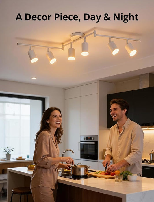 Bojim Track Lighting Fixtures Ceiling Mount for Kitchen, White 6 Way LED Spot Lights Indoor, Flexible Modern Track Light GU10 Socket for Studio, Bulbs Not Included