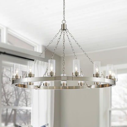 WUZUPS 15-Light Wagon Wheel Chandelier Large Rustic Farmhouse Industrial Round Pendant Light Fixture with Clear Seeded Glass Shades for Dining Room Kitchen Island, H 29.5" x W 46.5", Brushed Nickel