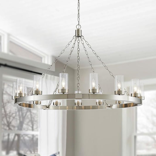 WUZUPS 15-Light Wagon Wheel Chandelier Large Rustic Farmhouse Industrial Round Pendant Light Fixture with Clear Seeded Glass Shades for Dining Room Kitchen Island, H 29.5" x W 46.5", Brushed Nickel