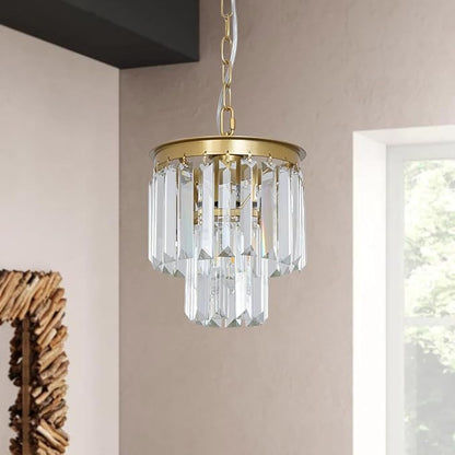 Small Gold Crystal Chandeliers for Kitchen Island Small Pendant Light Mini Contemporary Ceiling Pendant Light Fixture for Dining Room, Bedroom, Entryway 8 Inches