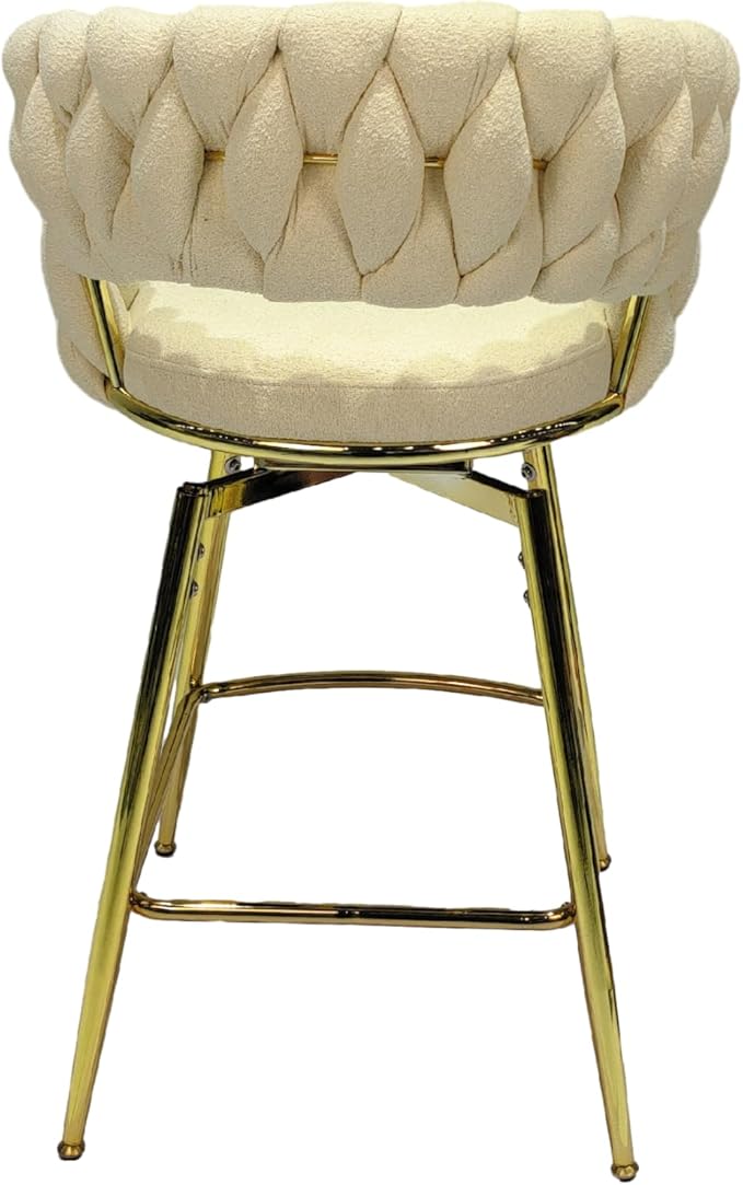 26" Bar Chair Toweling Woven Bar Stool Set of 2,Golden Legs Bar stools No Adjustable Kitchen Island Chairs,360 Swivel Bar Stools Upholstered Counter Stool Arm Chairs with Back Footrest (White)