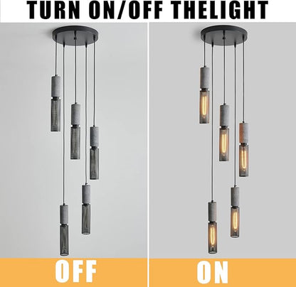 5-Light Concrete Linear Pendant Light with a Metal Mesh Shade,Modern Industrial Hanging Cement Pendant Lighting for Kitchen Island Bedroom Living Room Dining Room Light Fixture