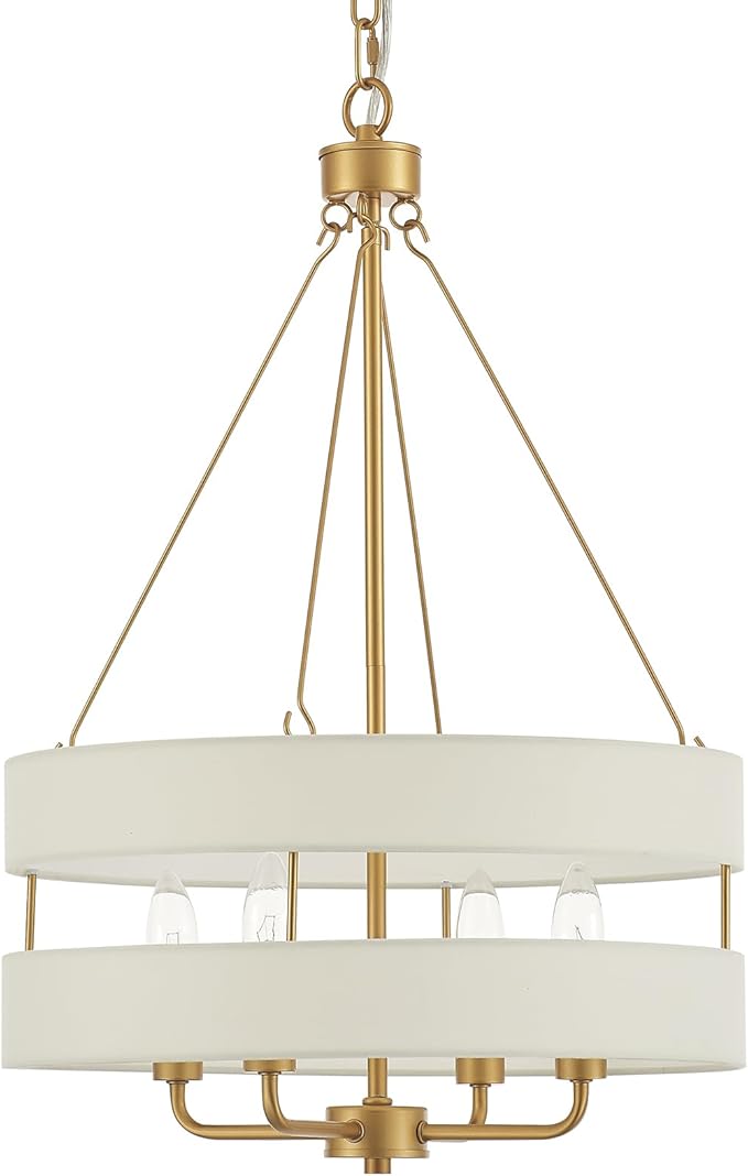 4-Light Rustic Drum Chandelier for Foyer, Gold Pendant Light Fixture with Fabric Shade, Modern Farmhouse Chandelier for Dining Room Entryway Bedroom