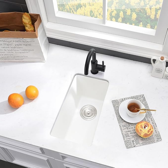 10 Inch White Bar Sink Undermount-VASOYO 10x18 Inch Undermount Wet Bar Sink Small Rv Kitchen Sinks White Quartz Composite Deep Single Bowl Small Kitchen Sinks with Bottom Grid