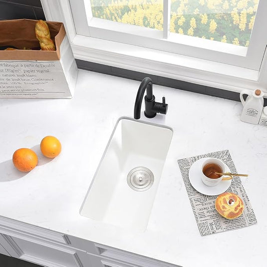 White Bar Sink Undermount-VASOYO 12x16 Inch Small Kitchen Sink Undermount Wet Bar Sinks White Quartz Single Bowl Deep Outdoor Rv Sinks Mini Basin with Bottom Grid