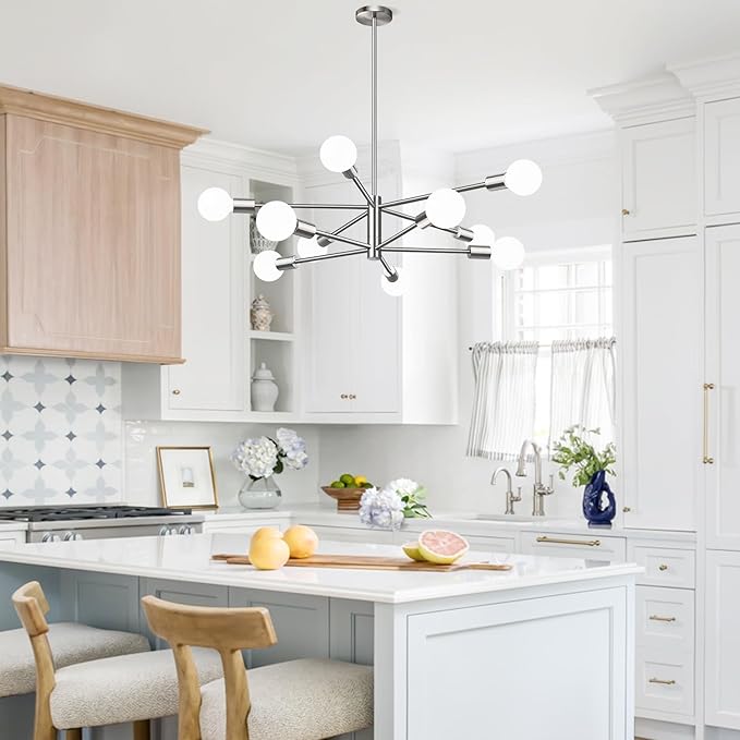 Sputnik Chandeliers Dining Room Light Fixture (10-Light, 32-Inch), Modern Brushed Nickel Chandelier, Height Adjustable Mid Century Modern Chandeliers for Living Room Entryway (Bulbs Not Included)